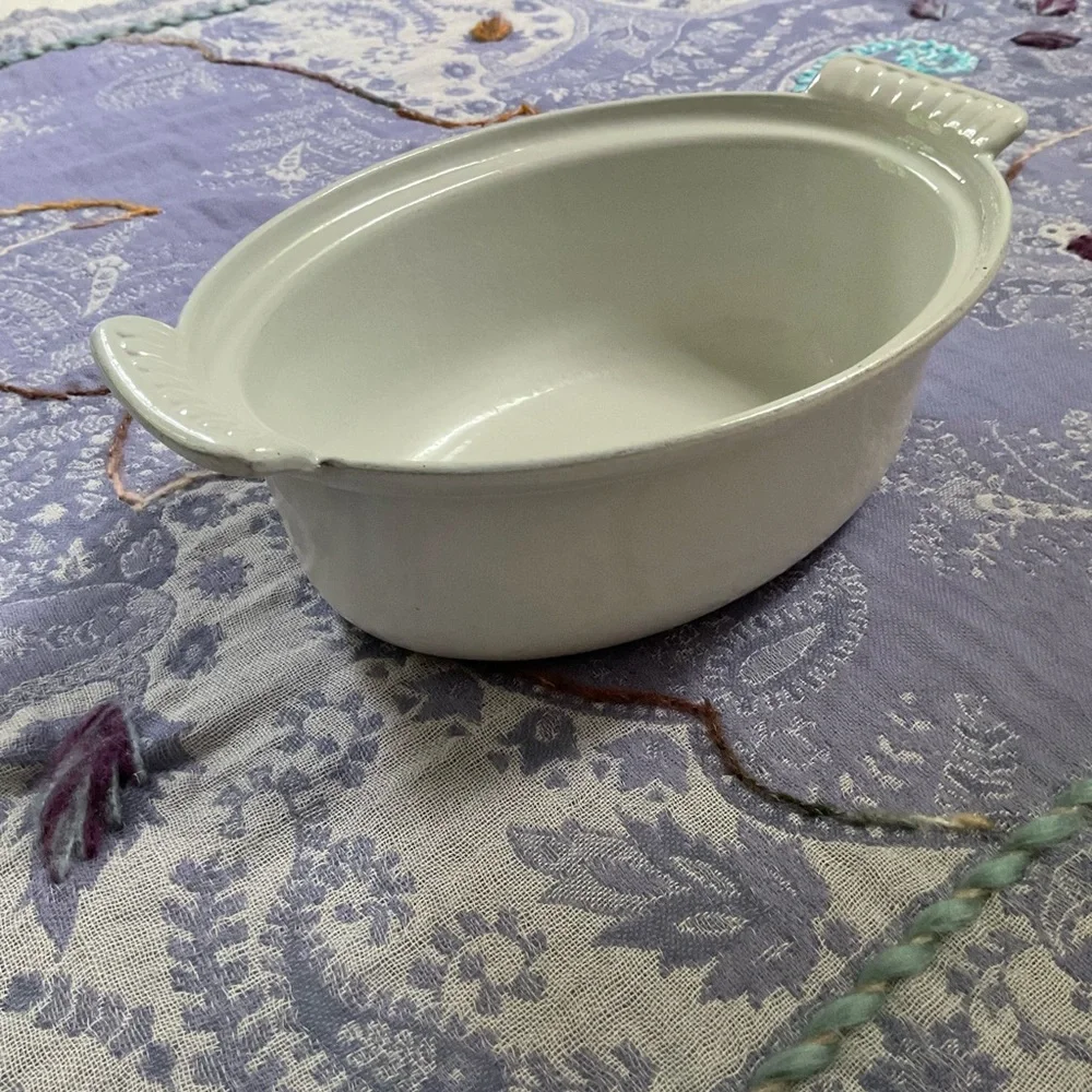 Vintage DRU Holland Enamel Cast Iron Mini Casserole White Dish No Lid